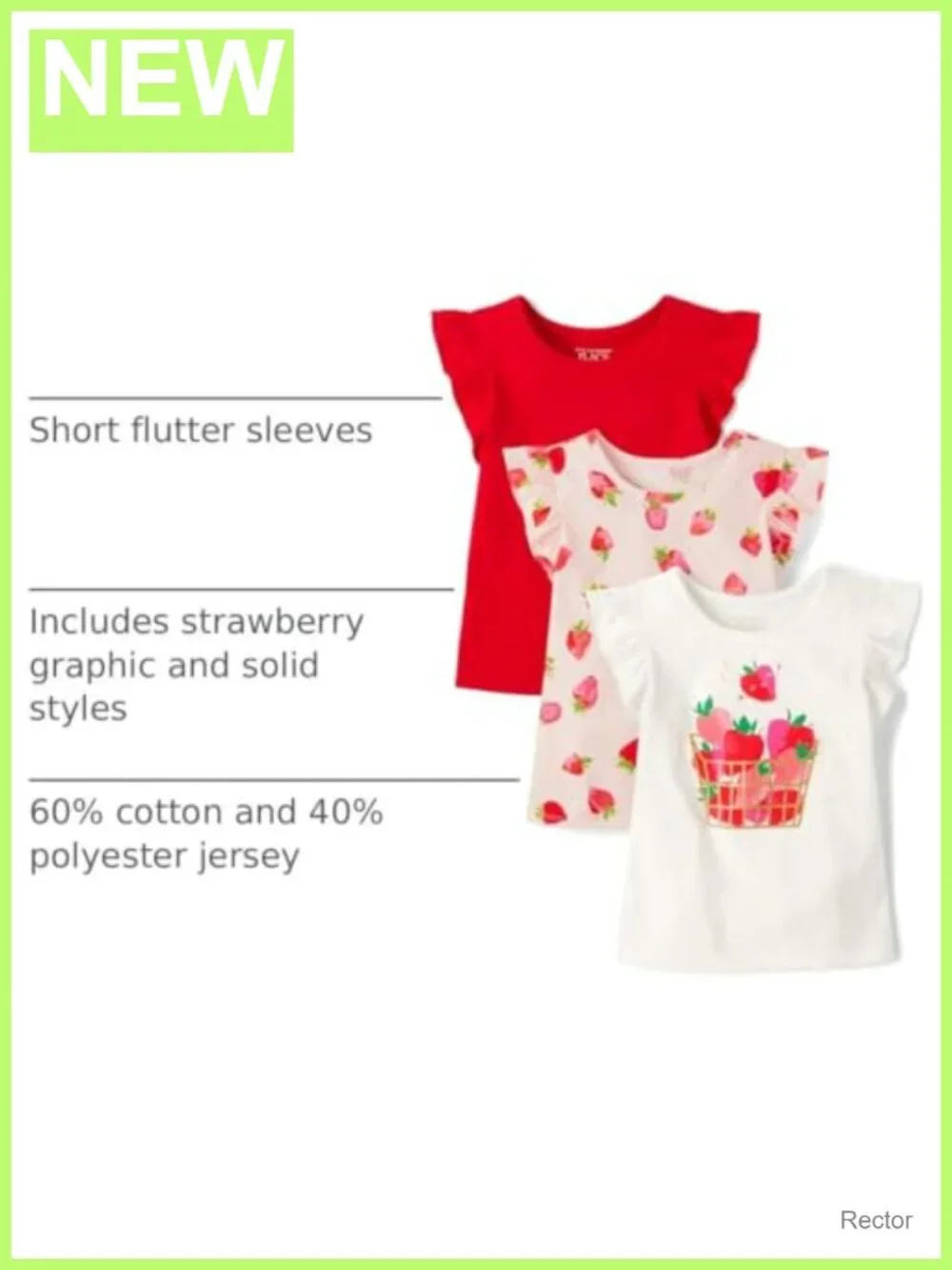 Toddler Girls 3-Pack Flutter Sleeve Tees Strawberry Crew Neck Cotton